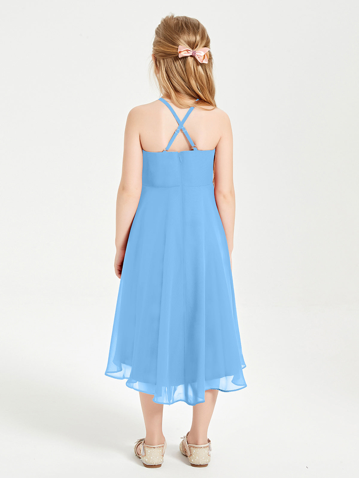 Tea Length Junior Bridesmaid Dresses with Asymmetrical Skirts Blue